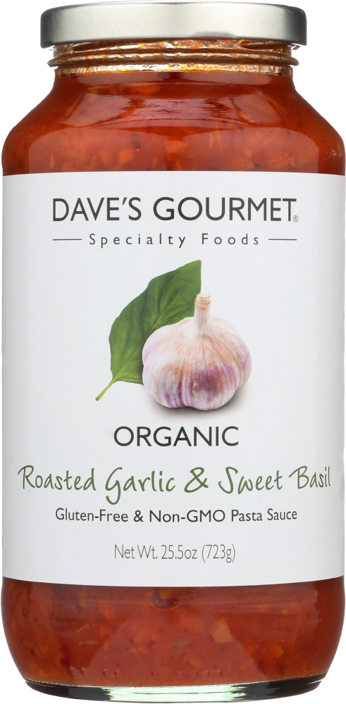 DAVE’S GOURMET: Organic Roasted Garlic and Sweet Basil Pasta Sauce, 25.5 Oz - 0753469010041