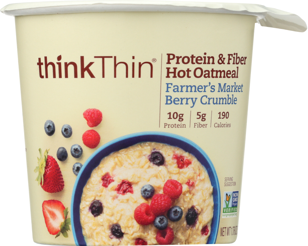 THINKTHIN: Protein and Fiber Hot Oatmeal Farmer’s Market Berry Crumble, 1.76 oz - 0753656711836