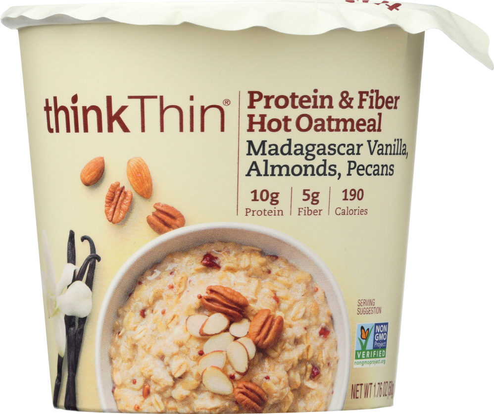 THINKTHIN: Protein and Fiber Hot Oatmeal Madagascar Vanilla with Almonds and Pecans, 1.76 oz - 0753656711874