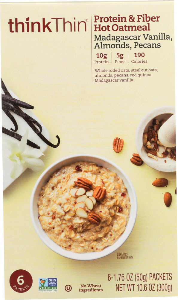 THINKTHIN: Protein and Fiber Hot Oatmeal Madagascar Vanilla with Almonds and Pecans 6 Packets, 10.6 oz - 0753656711898