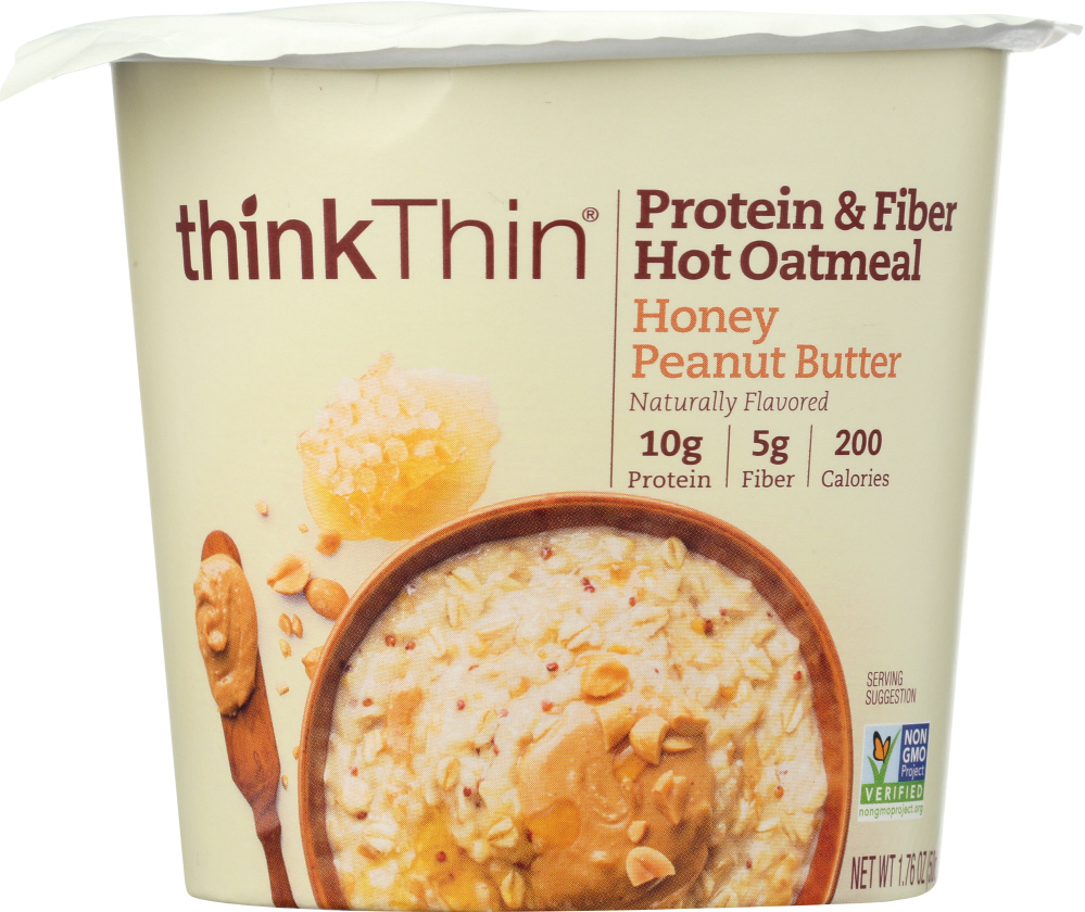 THINKTHIN: Protein and Fiber Hot Oatmeal Honey Peanut Butter, 1.76 oz - 0753656711911
