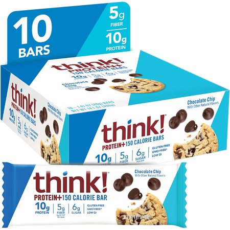 think! Protein Bars with Chicory Root for Fiber, Digestive Support, Gluten Free with Whey Protein Isolate, Chocolate Chip, Snack Bars without Artificial Sweeteners, 1.4 Oz (10 Count) (B08FKX7J3H) - 753656718262