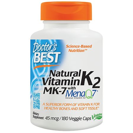 Doctor s Best Natural Vitamin K2 MK-7 with MenaQ7 Non-GMO Vegan Gluten Free Soy Free 45 mcg 180 Veggie Caps - 753950003569