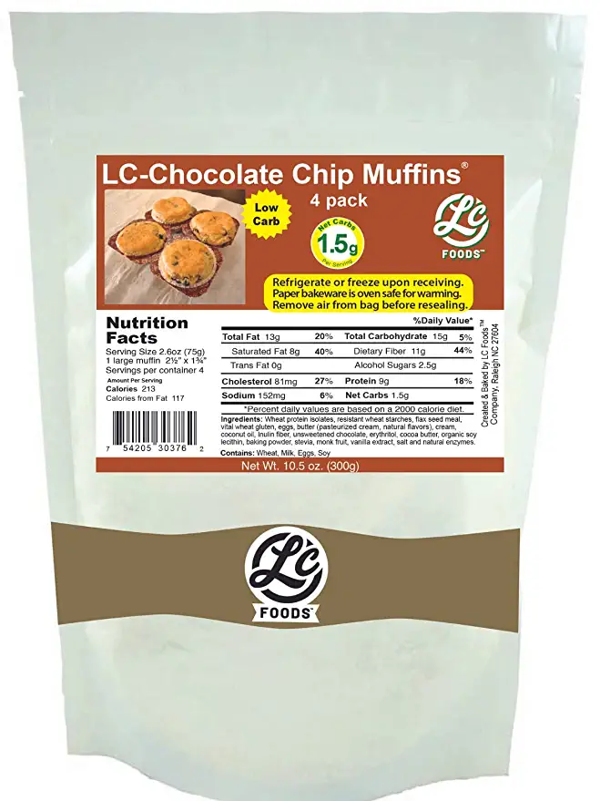 LC Foods Low Carb Chocolate Chip Muffins (4 Pack) | No Artificial Sweeteners | Keto Muffins | Fresh Baked | Amazing Taste | Diabetic Friendly | Perfect for Breakfast (10.5 Oz) - 754205303762