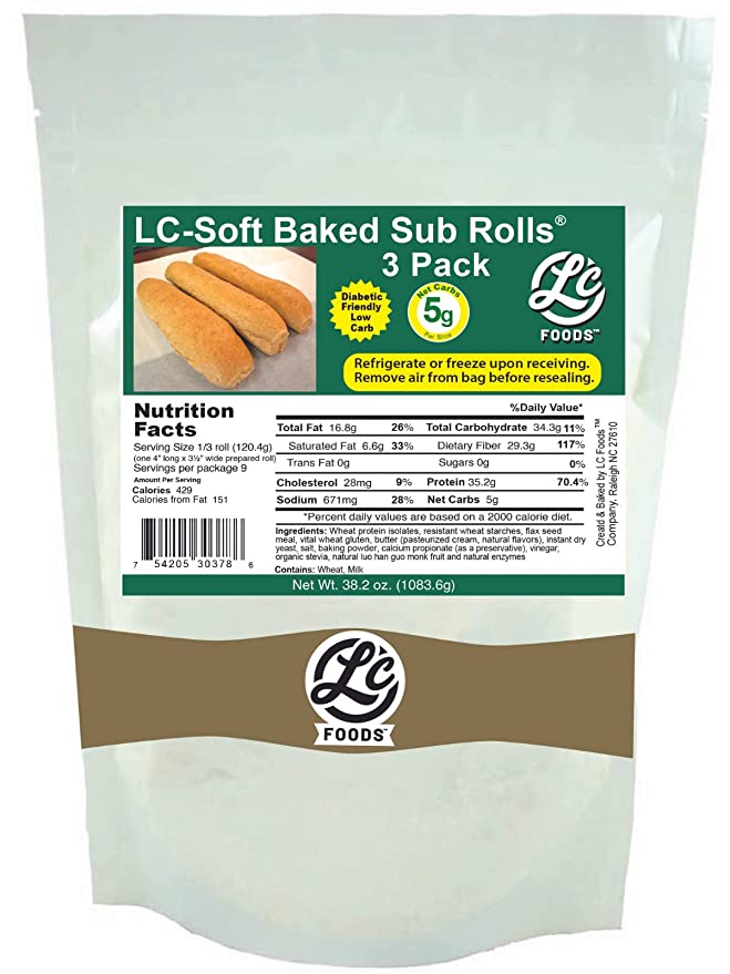  LC Foods Soft Baked Low Carb Sub Rolls (3 Pack) | Rich in Protein & Fiber | No Sugar Added | No Artificial Sweeteners | Amazing Taste | Perfect for Sandwiches (38.2 Oz)  - 754205303786