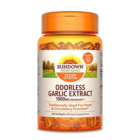 Sundown Garlic 1000 mg 250 Odorless Softgels (Packaging May Vary) Non-GMOˆ Free of Gluten Dairy Artificial Flavors - 754465320035
