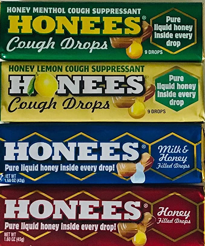 Honees Honey Drops Variety Bundle 1 of each Flavor - Milk & Honey, Honey Filled, Honey Lemon and Honey Menthol (Pack of 4) - 755464520624