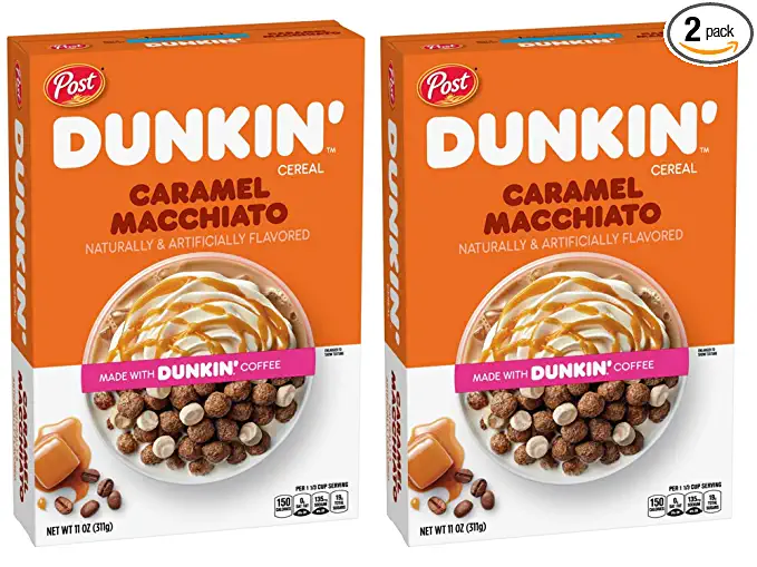 Cold Breakfast Cereal, Dunkin Caramel Macchiato Flavored Cereal, Made with Dunkin Coffee, Brought to Life with Crunchy Cereal Pieces and Caramel Swirled Marshmallows for 2 Packs of 11 Oz - 755907304514