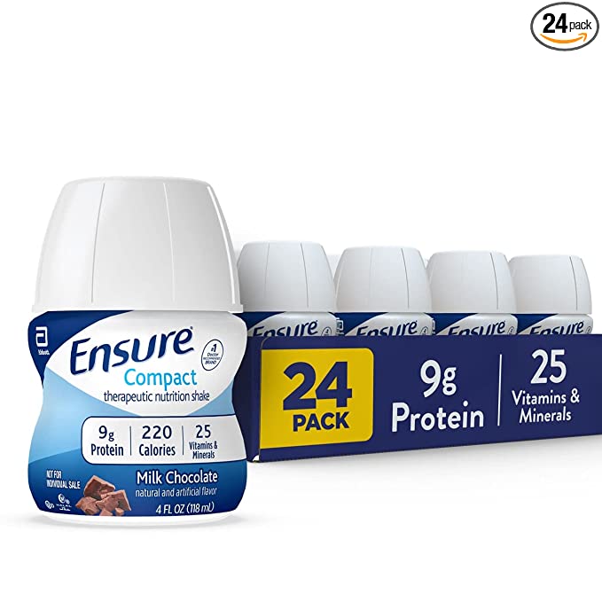 Ensure Compact Nutrition Shake with 9g of Protein and 25 Vitamins and Minerals, Milk Chocolate, 4 Fl Oz (Pack of 24) - 070074643625