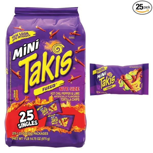 Mini Takis - Crunchy Rolled Tortilla Chips – Fuego Flavor (Hot Chili Pepper & Lime), 25 Individual Snack Packs (1.2 oz)  - 757528009113