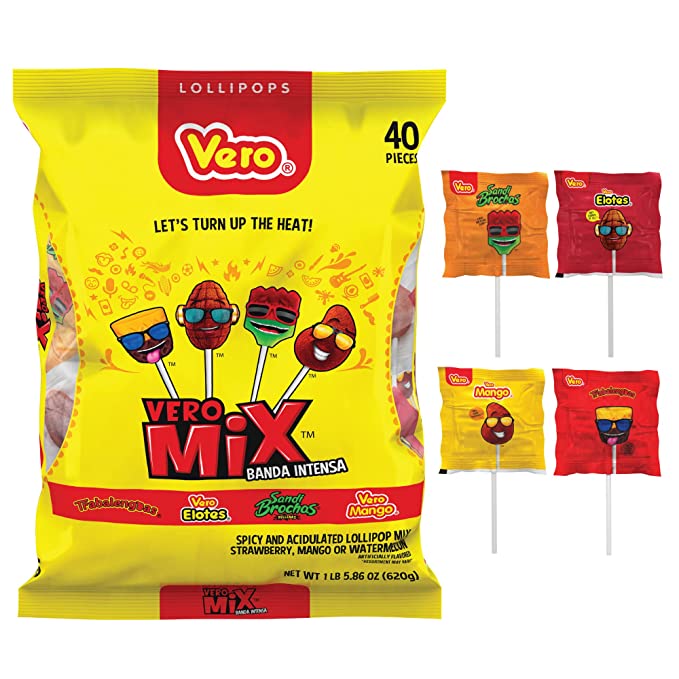  Vero Banda Fuego Mix Assorted Chili Lollipops, Artificially Flavored, Net Wt. 21.86 Ounces, 40 Count Bag  - 757528026813