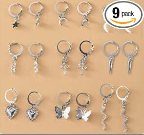 Butterfly Rose Earrings 9-piece Set Creative Multi-Element Snake Earrings Star Moon Love Earrings (silver) - 759052789059