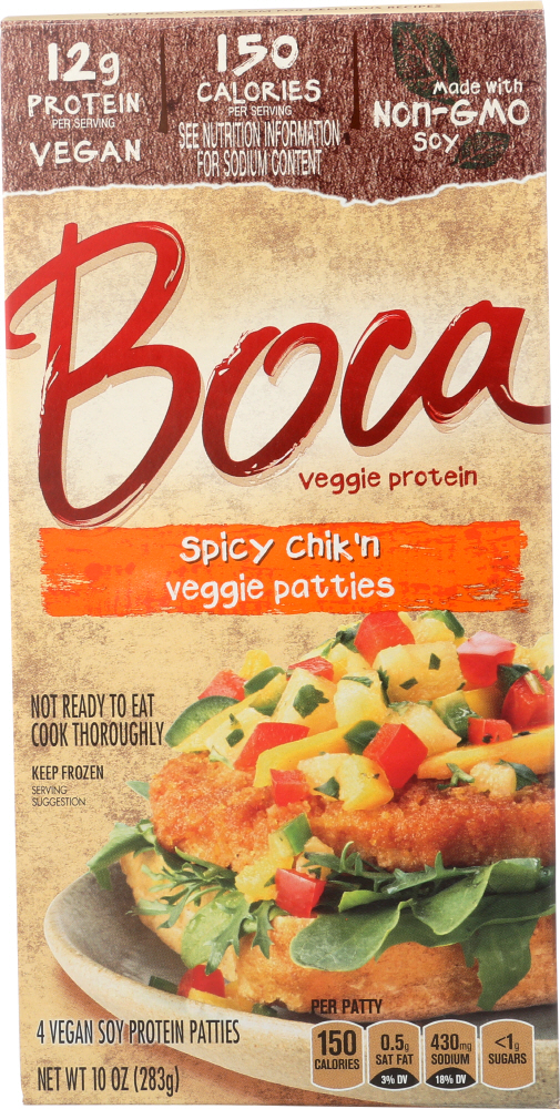 BOCA: Spicy Chik’n Veggie Patties Pack of 4, 10 oz - 0759283600147