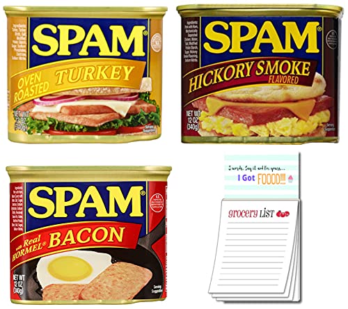  Sweet Cerise Spam Oven Roasted Turkey, Hickory Smoke and Bacon Variety Pack,12 oz, 1 of each flavor and 1 magnetic 50 sheet shopping pad (3.5 W x 6.25 H)  - 759321869543