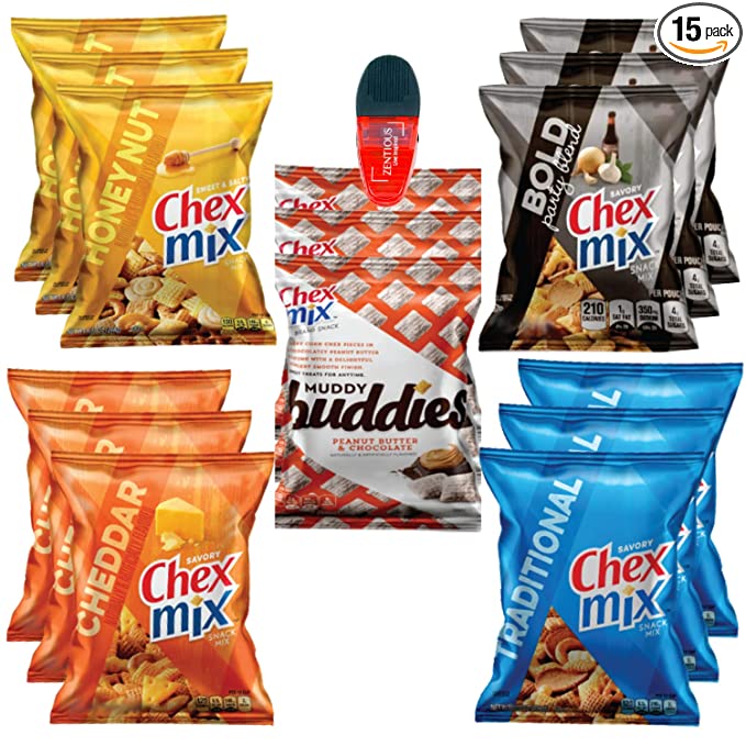  Chex Mix Snack Packs Variety Pack Of 15 - 1.75 Oz Bags of Chex Mix Traditional, Chex Mix Cheddar, Bold Chex Mix, Honey Chex Mix And Muddy Buddy Chex Mix Bundled With A Zentious Power Clip - 759952207790