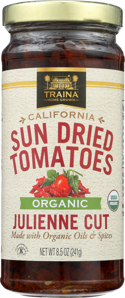 TRAINA: Organic Sun Dried Tomatoes in Oil, Julienne Cut, 8.5 oz - 0760948100131