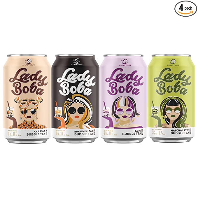  (Pack of 4) Lady Boba 4 Cans. Milk Bubble Tea with Boba Pearls in a Can (10.7oz/can) with Saltation Thank You Card. Choose One from Variety of Flavors - 761596310156