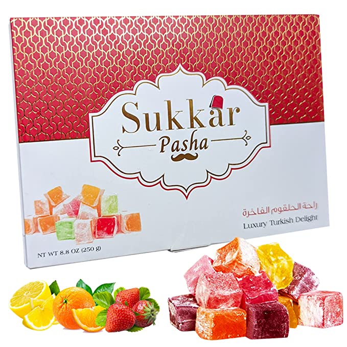 SUKKAR PASHA Premium Turkish Delight Lokum, Mixed Fruits(Strawberry, Orange, Lemon) -Gourmet Small Box Snacks Gift Box|8.8 Oz, Fruit Flavored Candy, Vegan Soft & Sweet Candy Dessert, Gluten Free Mixed Candy - 763331819429