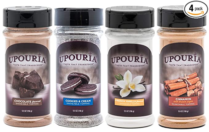 Upouria Coffee Topping Variety Pack - Chocolate, Cookies N Cream, French Vanilla and Cinnamon with Brown Sugar - 5.5 Ounce Shakeable Topping Jars - (Pack of 4) - 764425915782