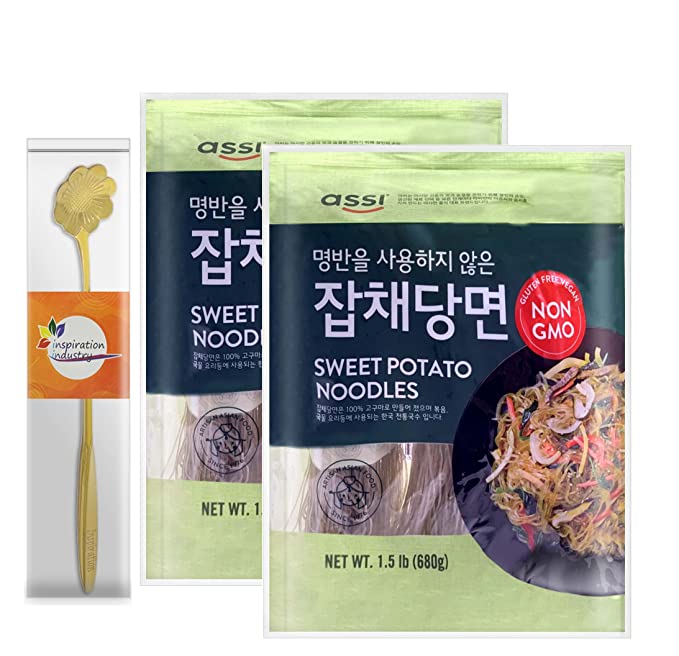 ASSI Japchae Sweet Potato Noodles, 1.5LB (680 g), With Inspiration Industry Coffee Spoon (2 PACKS) - 765552681717
