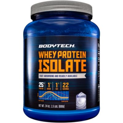 BodyTech Whey Protein Isolate Powder With 25 Grams of Protein per Serving BCAA's Ideal for PostWorkout Muscle Building Growth, Contains Milk Soy Unflavored (1.5 Pound) - 766536001682