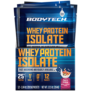BodyTech Whey Protein Isolate Powder with 25 Grams of Protein per Serving BCAA s Ideal for Post Workout Muscle Building and Growth Contains Milk and Soy Fruity Cereal (12 Packets) - 766536039906