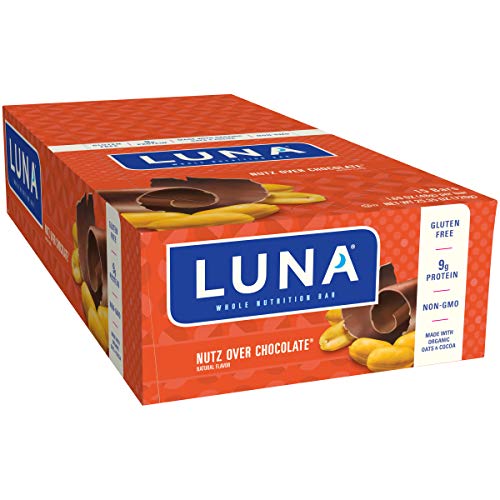 LUNA BAR - Gluten Free Snack Bars - Nutz Over Chocolate Flavor - 9g of Protein - Non-GMO - Plant-Based Wholesome Snacking - On the Go Snacks (1.69 Ounce Snack Bars, 15 Count) - 767458950058