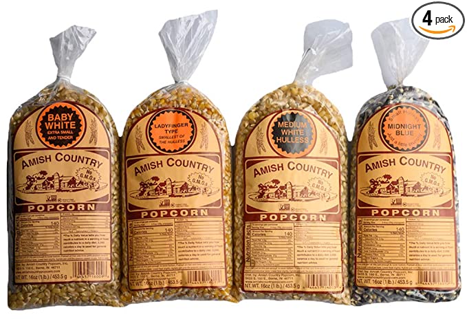 Amish Country Popcorn | 4 - 1 lb Bags | Variety Pack | 1 lb Baby White -1 lb Medium White - 1 lb Ladyfinger and 1 lb Midnight Blue Popcorn Kernels | Old Fashioned, Non-GMO and Gluten Free (4 - 1 lb Bags) - 734872361579