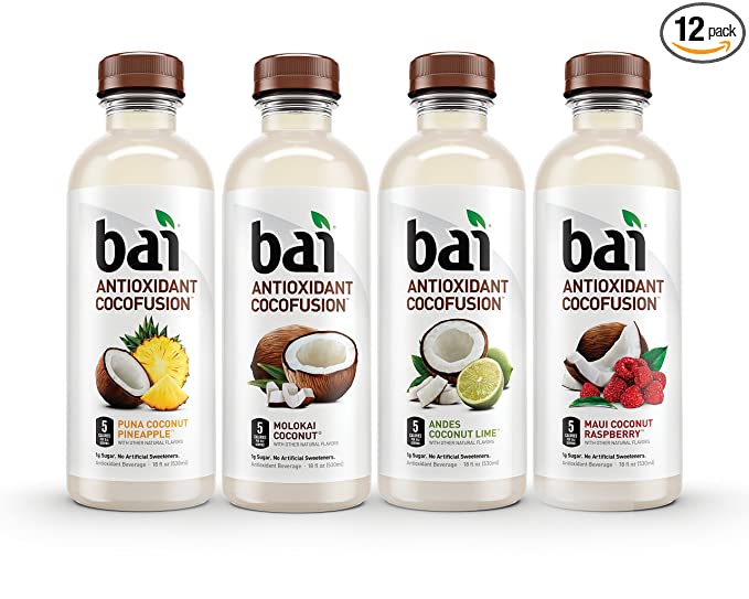 Bai Coconut Flavored Water, Cocofusions Variety Pack, 18 Fluid Ounce Bottles, 12 count, 3 each of Andes Coconut Lime, Maui Coconut Raspberry, Molokai Coconut, Puna Coconut Pineapple - 767563735359