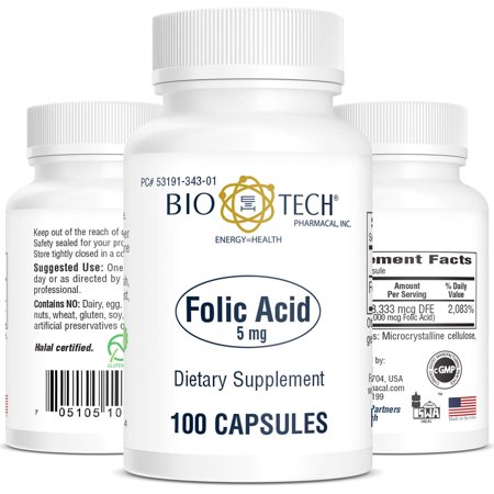 5 pack Bio-Tech Pharmacal Folic Acid (5mg, 100 Count) - 767571568451