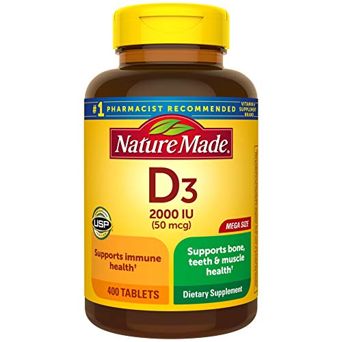 Nature Made Vitamin D3 400 Tablets Mega Size Vitamin D 2000 IU (50 mcg) Helps Support Immune Health Strong Bones and Teeth & Muscle Function 250% of Daily Value for Vitamin D in One Daily Tablet - 767644449021