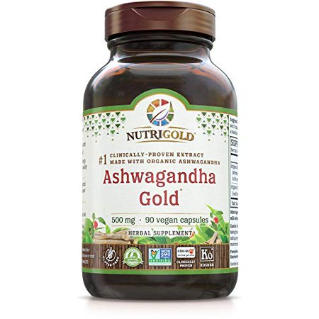 NutriGold Organic Ashwagandha Gold, 500 mg, 90 Plantcaps - Clinically-Proven, Non-GMO, Full-Spectrum Root Standardized Extract Powder Supplement - 767674421585