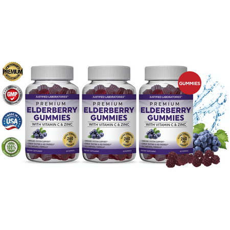 Premium Elderberry Gummies – Double Strength Immune Support Gummy Vitamins Zinc Supplement & Vitamin C Supplement. Sambucus Black Elderberry 260mg Antioxidant Great Tasting For Adults & Kids - 767870977800