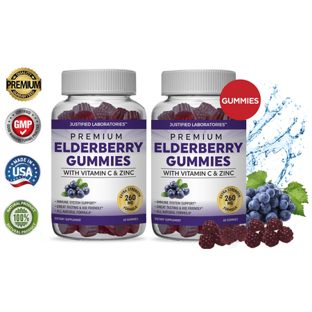 Premium Elderberry Gummies Double Strength Immune Support Gummy Vitamins Zinc Supplement & Vitamin C Supplement Sambucus Black Elderberry 260mg Antioxidant Great Tasting For Adults & Kids 2 Bottles - 767870977817