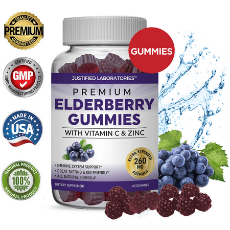 Premium Elderberry Gummies – Double Strength Immune Support Gummy Vitamins Zinc Supplement & Vitamin C Supplement. Sambucus Black Elderberry 260mg Antioxidant Great Tasting For Adults & Kids - 767870977824