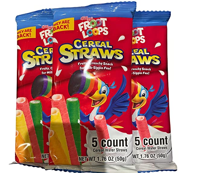 MIZO 2021 Kellogg's Cereal Straws Froot Loops Edible Breakfast Straw Alternatives for Milk, 90's Childhood Nostalgic Treat for Drinking and Eating, Cereals for Kids, Pack of 3, 5 Count, Multicolor - 768395551636