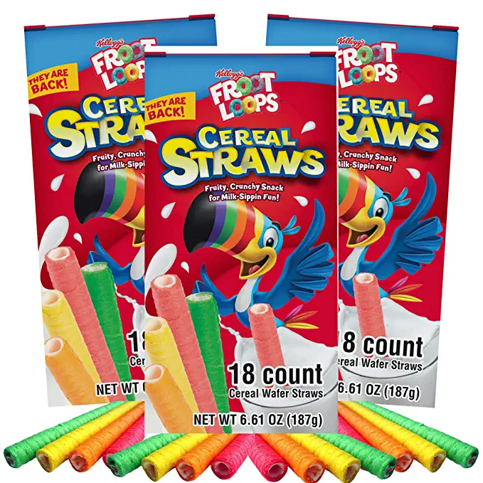  2021 Kellogg's Cereal Straws Froot Loops Edible Breakfast Straw Alternatives for Milk, 90's Childhood Nostalgic Treat for Drinking and Eating, Cereals for Kids, Pack of 3, 18 Count  - 768395551650