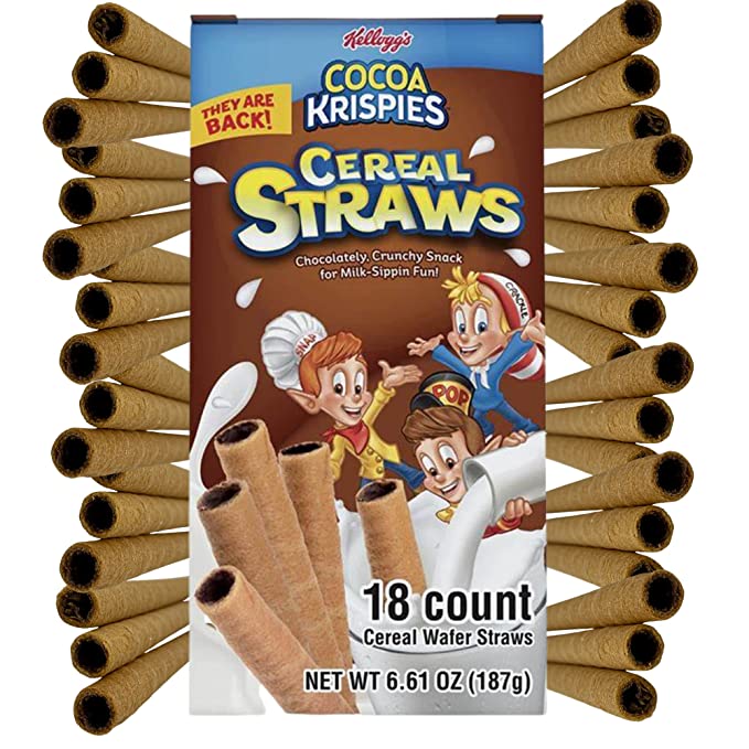  2021 Kellogg's Cereal Straws Cocoa Krispies Edible Breakfast Straw Alternatives for Milk, 90's Childhood Nostalgic Treat for Drinking and Eating, Chocolate Cereals for Kids, 18 Count - 768395556495