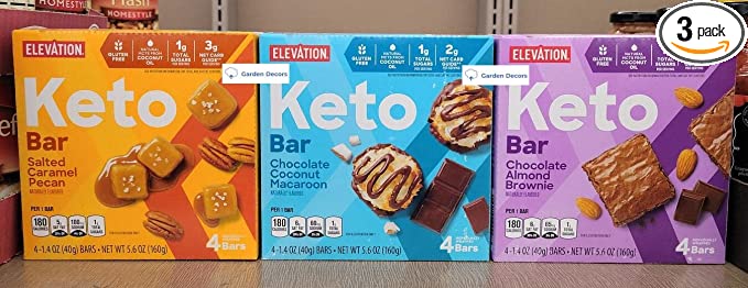  Elevation by Millville Elevation Keto Bar Salted Caramel Pecan, Chocolate Coconut Macaroon, Chocolate Almond Brownie, 5.6oz 160g (Three Boxes), 5.6 Ounce (Pack of 3)  - 768497072329