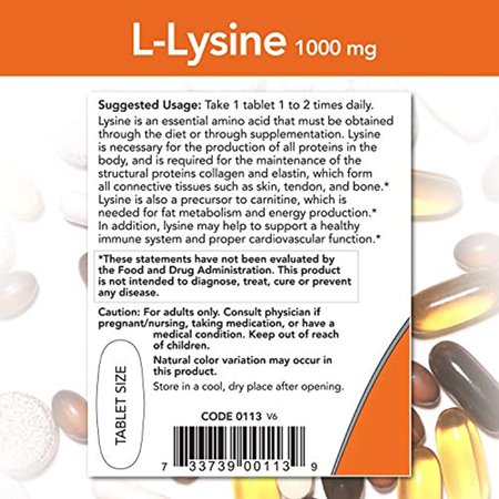 NOW Supplements, L-Lysine (L-Lysine Hydrochloride) 1,000 mg, Double Strength, Amino Acid, 100 Tablets - 768861822154