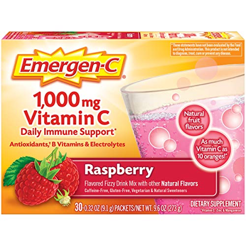 Emergen-C 1000mg Vitamin C Powder with Antioxidants B Vitamins and Electrolytes Immunity Supplements for Immune Support Caffeine Free Fizzy Drink Mix Raspberry Flavor - 30 Count/1 Month Supply - 772188175275