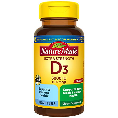 Extra Strength Vitamin D3 5000 IU (125 mcg), 180 Softgels Value Size, High Potency Vitamin D Helps Support Immune Health, Strong Bones and Teeth, & Muscle Function - 778024900834