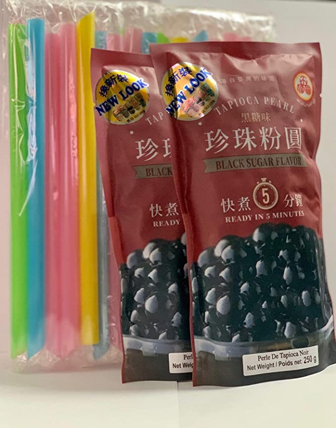 BOBA Black Tapioca Pearl Bubble Tea, 2 Pack (Each 8.8 OZ) + 1 Pack of 50 BOBA Straws (Variety Color) - 885370122336
