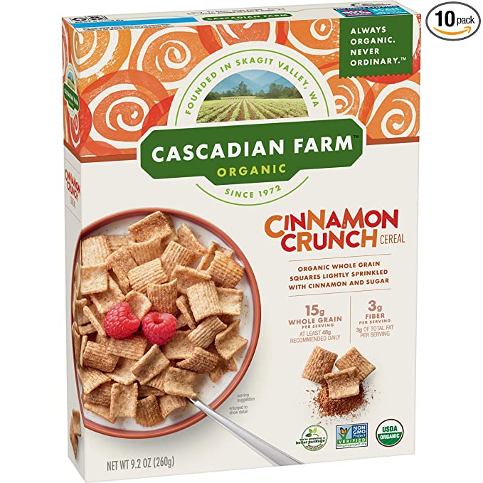  Cascadian Farm Organic Cinnamon Crunch Cereal Whole Grain Cereal, 9.2 oz (Pack of 10) - 707003957576