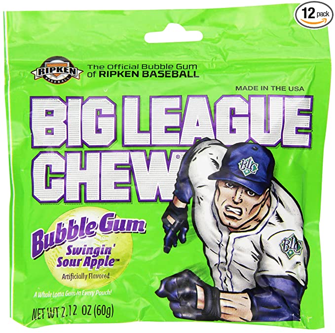  Big League Chew, Swingin' Sour Apple Bubble Gum, 2.12-Ounce Pouches (Pack of 12)  - 885710049514
