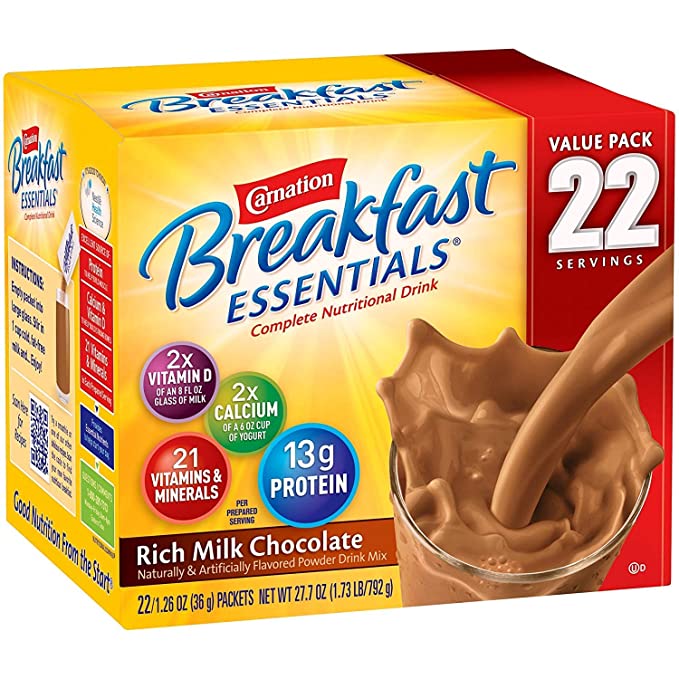 Carnation Breakfast Essentials Complete Nutrition Drink Powder, Rich Milk Chocolate,1.26 Ounce,22 Count (Pack of 2) - 780116977723