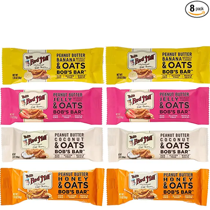 Bob's Red Mill Peanut Butter Coconut, Banana, Honey And Jelly Oat Bars 1.76 Oz., Two Of Each (8 Pack) 1.76 Ounce (Pack of 8) - 782752805538