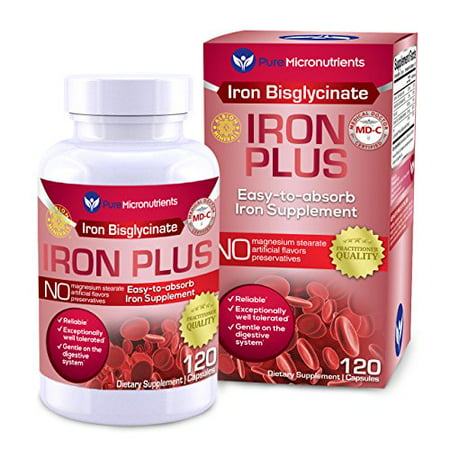Pure Micronutrients Iron Plus Supplement Natural Ferrous Chelate Bisglycinate 25mg + Vitamin C B6 B12 Folic Acid 120 Count - 784672302173