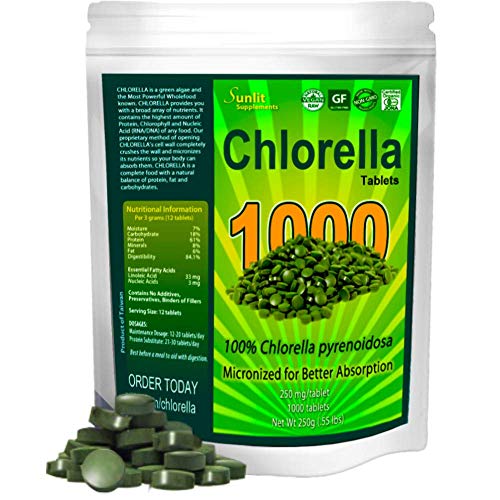 Chlorella Tablets Mega-Pack 1000 Tablets Cracked Cell Organic Raw Non-GMO. 100% Pure Chlorella Pyrensoidosa. Green Superfood. High Protein Chlorophyll & Nucleic acids. No preservatives or fillers - 784672363860