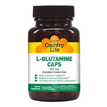 Country Life L-Glutamine Caps - 500 mg with Vitamin B6-100 Vegan Capsules - May Help Aid in Muscle Support - Promotes Immune Function Support - Gluten-Free - 784922872395